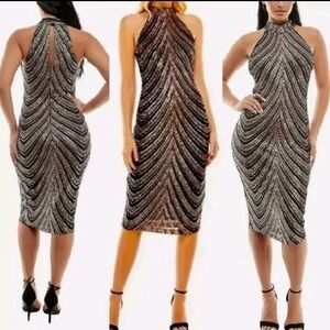 Premier Amour Rosegold & Black Halter Bodycon Midi Dress size 6
